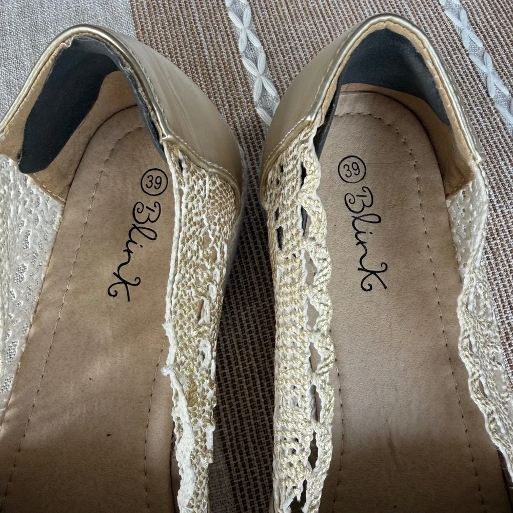 Blink Gold Metallic Crochet Lace Espadrille Platform Loafers Shoes Womens 39